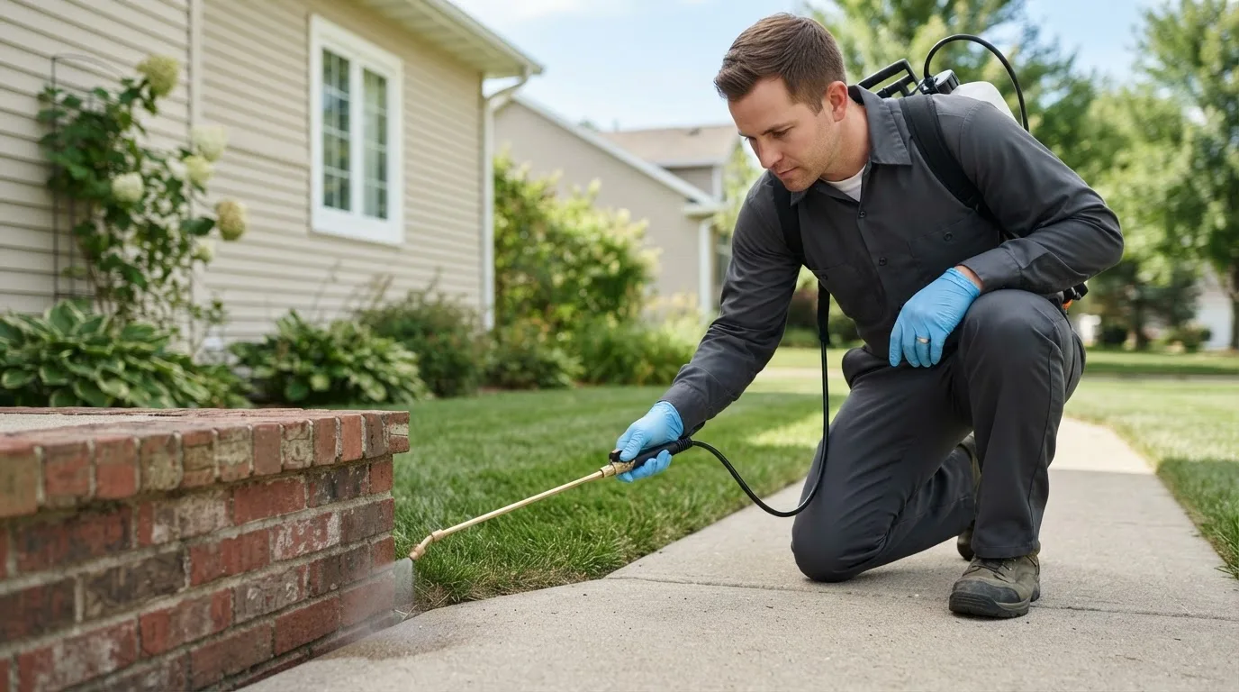 Pest control technician treating a home near Rock, WV
