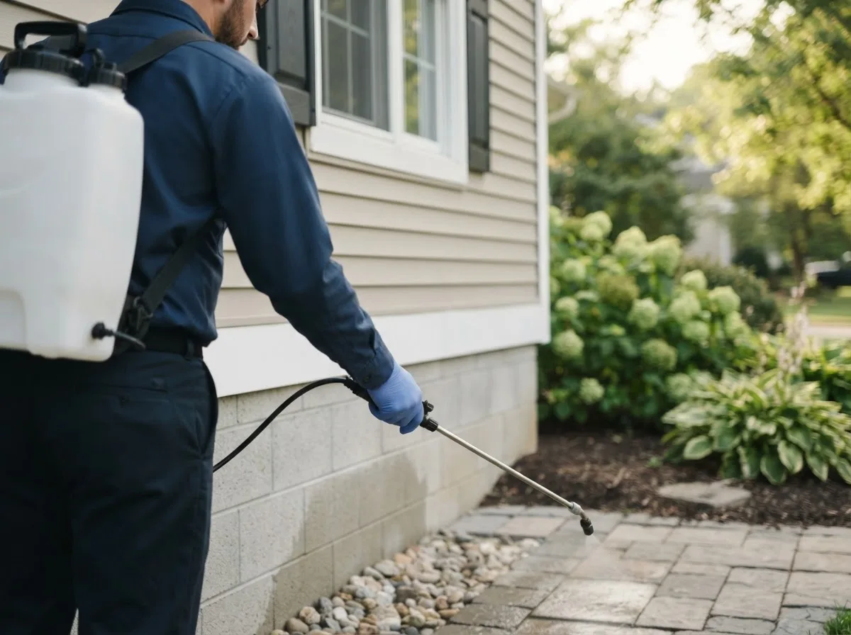 Pest control technician inspecting a home in Rock, WV